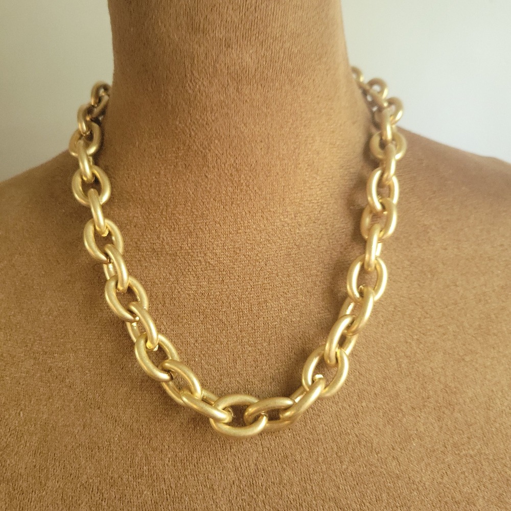 Matte Gold Tone Chunky Oval Link Chain Statement Necklace 18" Quiet Luxury